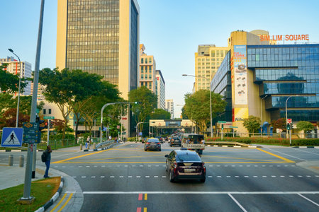 SINGAPORE - APRIL 04, 2019: Singapore urban landscape seen from second deck of double-decker bus.