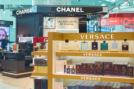 DUBAI, UAE - CIRCA FEBRUARY, 2019: perfumes on display in Duty Free at Dubai International Airport.のeditorial素材