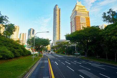 SINGAPORE - APRIL 04, 2019: Singapore urban landscape seen from second deck of double-decker bus.のeditorial素材