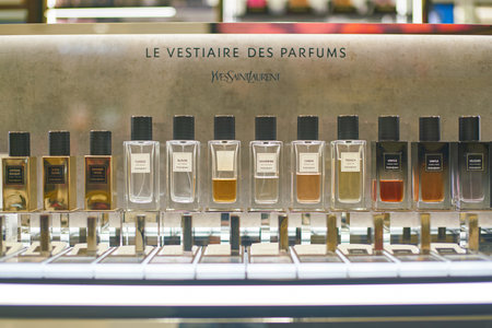 DUBAI, UAE - CIRCA FEBRUARY, 2019: perfumes on display in Duty Free at Dubai International Airport.のeditorial素材