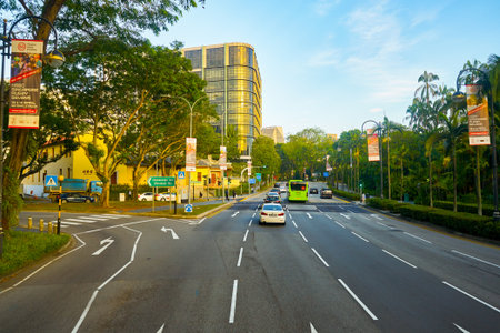 SINGAPORE - APRIL 04, 2019: Singapore urban landscape seen from second deck of double-decker bus.
