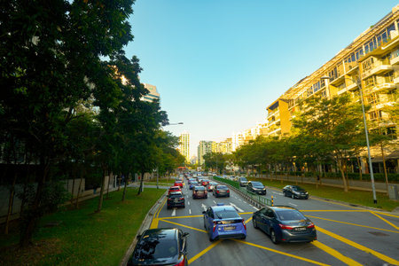 SINGAPORE - APRIL 04, 2019: Singapore urban landscape seen from second deck of double-decker bus.のeditorial素材