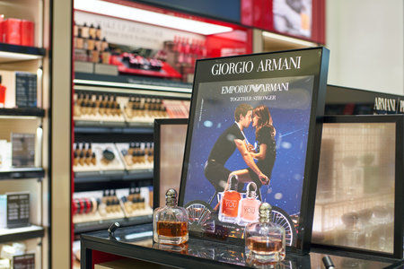 DUBAI, UAE - CIRCA FEBRUARY, 2019: perfumes on display in Duty Free at Dubai International Airport.のeditorial素材