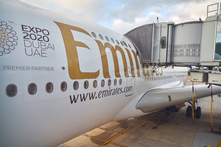 HONG KONG, CHINA - CIRCA FEBRUARY, 2019: Emirates Airbus A380 docked at Hong Kong International Airport.のeditorial素材