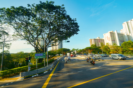 SINGAPORE - APRIL 04, 2019: Singapore urban landscape seen from second deck of double-decker bus.