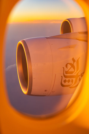 HONG KONG, CHINA - CIRCA FEBRUARY, 2019: aerial view from Emirates Airbus A380 aircraft.