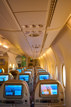 HONG KONG, CHINA - CIRCA FEBRUARY, 2019: interior shot of lower deck in Emirates Airbus A380.