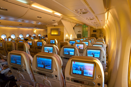 HONG KONG, CHINA - CIRCA FEBRUARY, 2019: interior shot of lower deck in Emirates Airbus A380.のeditorial素材