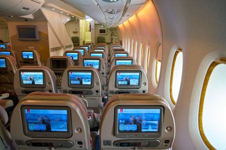 HONG KONG, CHINA - CIRCA FEBRUARY, 2019: interior shot of lower deck in Emirates Airbus A380.のeditorial素材