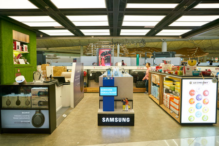 HONG KONG, CHINA - CIRCA FEBRUARY, 2019: goods on display at a store in Hong Kong International Airport.のeditorial素材