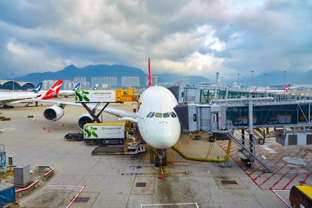 HONG KONG, CHINA - CIRCA FEBRUARY, 2019: Qantas Airbus A380-800 on tarmac at Hong Kong International Airport.のeditorial素材