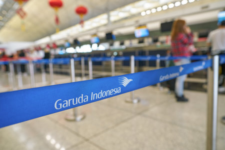HONG KONG, CHINA - CIRCA FEBRUARY, 2019: Garuda Indonesia check in area in Hong Kong International airport.のeditorial素材