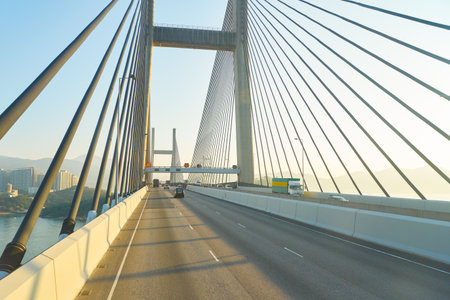 HONG KONG, CHINA - CIRCA JANUARY, 2019: view of a bridge taken from second deck of double-decker bus in Hong Kong in the morning.のeditorial素材