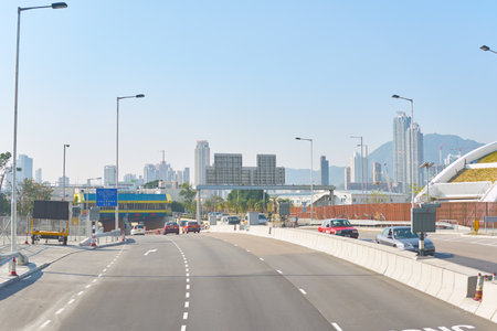 HONG KONG, CHINA - CIRCA JANUARY, 2019: view seen from second deck of double-decker bus in Hong Kong in the daytime.のeditorial素材