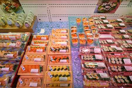 HONG KONG, CHINA - CIRCA FEBRUARY, 2019: sushi on display at AEON supermarket in Hong Kong.のeditorial素材