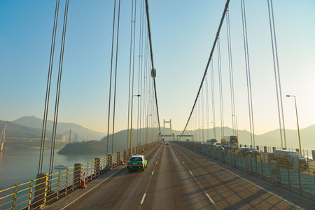 HONG KONG, CHINA - CIRCA JANUARY, 2019: view of a bridge taken from second deck of double-decker bus in Hong Kong in the morning.のeditorial素材