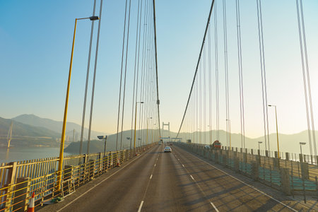 HONG KONG, CHINA - CIRCA JANUARY, 2019: view of a bridge taken from second deck of double-decker bus in Hong Kong in the morning.のeditorial素材