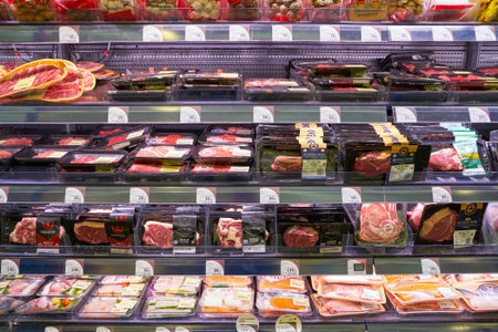 HONG KONG, CHINA - CIRCA JANUARY, 2019: meat products on display at ThreeSixty supermarket in Elements shopping mall in Hong Kong.のeditorial素材