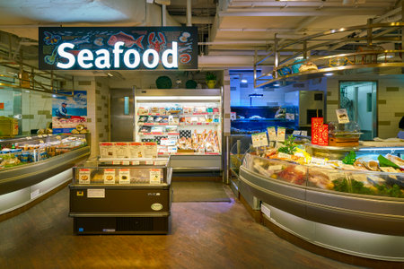 HONG KONG, CHINA - CIRCA FEBRUARY, 2019: seafood on display at City'super supermarket in Hong Kong. City'super specialises in imported produce and goodsのeditorial素材