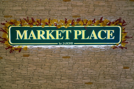 HONG KONG, CHINA - CIRCA FEBRUARY, 2019: close up shot of Market Place by Jasons sign.のeditorial素材