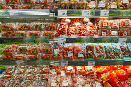 HONG KONG, CHINA - CIRCA FEBRUARY, 2019: tomatoes on display at AEON supermarket in Hong Kong.