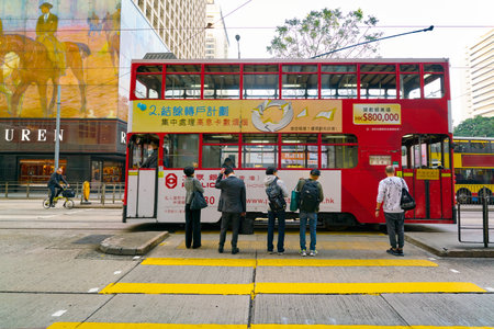 HONG KONG, CHINA - CIRCA JANUARY, 2019: a typical HKT double-decker tram Hong Kong in the daytime.のeditorial素材