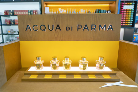 DUBAI, UAE - CIRCA JANUARY, 2019: perfumes on display in Duty Free at Dubai International Airport.