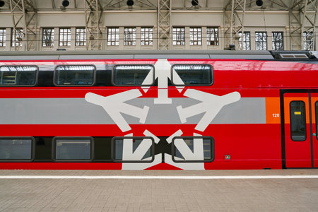 MOSCOW, RUSSIA - CIRCA MAY, 2018: Aeroexpress Train in Kiyevsky vokzal. Aeroexpress Ltd. is the operator of airport rail link services in Russia.のeditorial素材