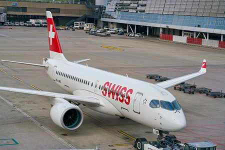 ZURICH, SWITZERLAND - CIRCA OCTOBER, 2018: Swiss aircraft on pushback at Zurich International Airport.のeditorial素材