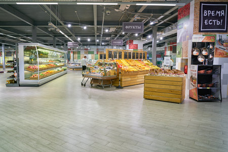 MOSCOW, RUSSIA - MAY 15, 2018: interior shot of "Ya lyubimy" supermarket at Global Mall in Moscow.のeditorial素材