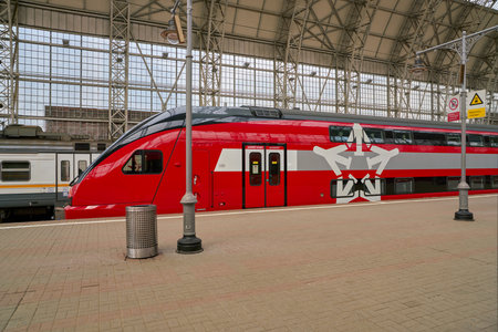 MOSCOW, RUSSIA - CIRCA MAY, 2018: Aeroexpress Train in Kiyevsky vokzal. Aeroexpress Ltd. is the operator of airport rail link services in Russia.のeditorial素材