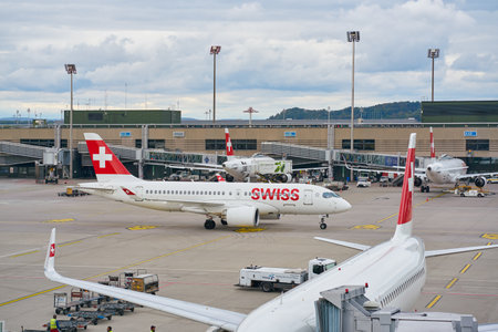 ZURICH, SWITZERLAND - CIRCA OCTOBER, 2018: Swiss International Air Lines aircraft taxing at Zurich International Airport.のeditorial素材