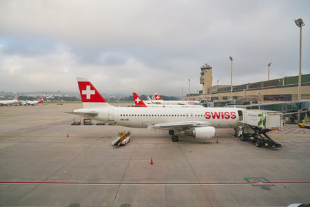 ZURICH, SWITZERLAND - CIRCA OCTOBER, 2018: an aircraft on tarmac in Zurich International Airport.のeditorial素材