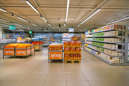 ZURICH, SWITZERLAND - CIRCA OCTOBER, 2018: interior shot of Migros supermarket in Zurich International Airport. Migros is Switzerland's largest retail company.のeditorial素材