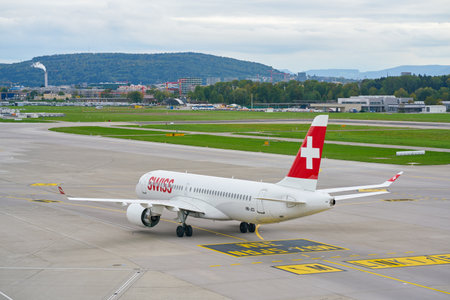 ZURICH, SWITZERLAND - CIRCA OCTOBER, 2018: Swiss International Air Lines aircraft taxing at Zurich International Airport.のeditorial素材