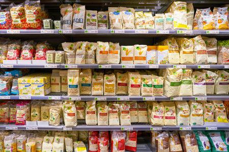 ZURICH, SWITZERLAND - CIRCA OCTOBER, 2018: interior shot of Migros supermarket in Zurich International Airport. Migros is Switzerland's largest retail company.のeditorial素材