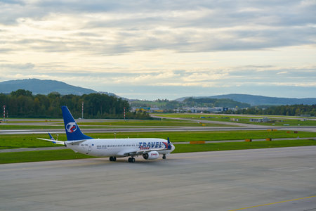 ZURICH, SWITZERLAND - CIRCA OCTOBER, 2018: aircraft taxing at Zurich International Airport.のeditorial素材