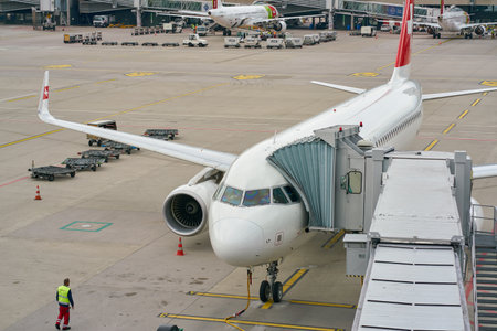 ZURICH, SWITZERLAND - CIRCA OCTOBER, 2018: an aircraft on tarmac in Zurich International Airport.のeditorial素材