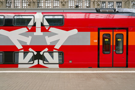 MOSCOW, RUSSIA - CIRCA MAY, 2018: Aeroexpress Train in Kiyevsky vokzal. Aeroexpress Ltd. is the operator of airport rail link services in Russia.のeditorial素材