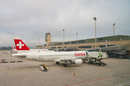ZURICH, SWITZERLAND - CIRCA OCTOBER, 2018: an aircraft on tarmac in Zurich International Airport.のeditorial素材