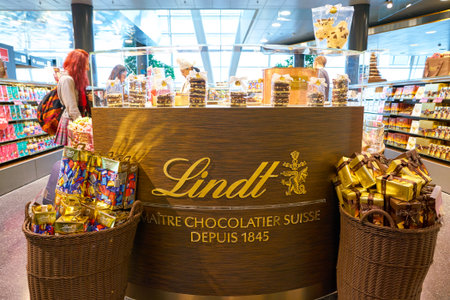 ZURICH, SWITZERLAND - CIRCA OCTOBER, 2018: Lindt sign at a shop in Zurich International Airport.のeditorial素材