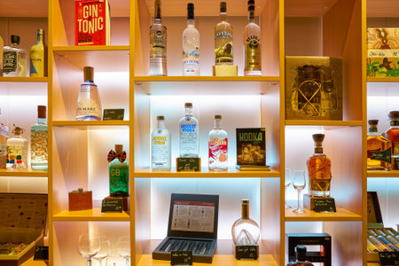ZURICH, SWITZERLAND - CIRCA OCTOBER, 2018: bottles on display at Bacaro in Zurich International Airport.のeditorial素材