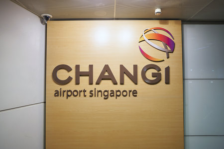 SINGAPORE - CIRCA APRIL, 2019: Changi sign seen on a wall at Singapore International Airport.のeditorial素材