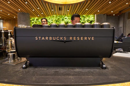 SINGAPORE - CIRCA APRIL, 2019: close up shot of VA388 Black Eagle Espresso Machine in Starbucks...