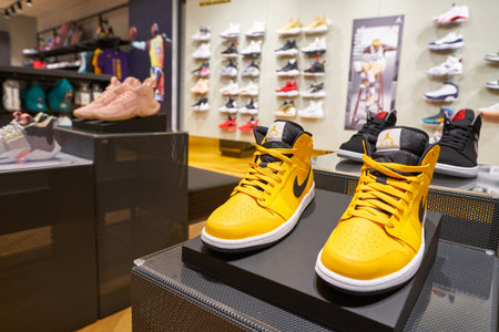 SINGAPORE - CIRCA APRIL, 2019: close up shot of Nike footwear at a store in Jewel Changi Airport.のeditorial素材