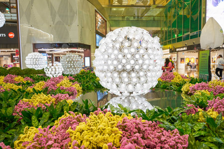 SINGAPORE - CIRCA APRIL, 2019: spheres seen at the Crystal Garden at the Central Piazza of Singapore Changi Airport, Terminal 3.のeditorial素材