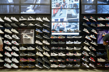 SINGAPORE - CIRCA APRIL, 2019: interior shot of Foot Locker store in Jewel Changi Airport.のeditorial素材