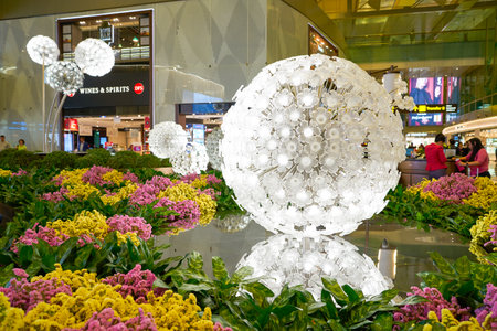 SINGAPORE - CIRCA APRIL, 2019: spheres seen at the Crystal Garden at the Central Piazza of Singapore Changi Airport, Terminal 3.のeditorial素材