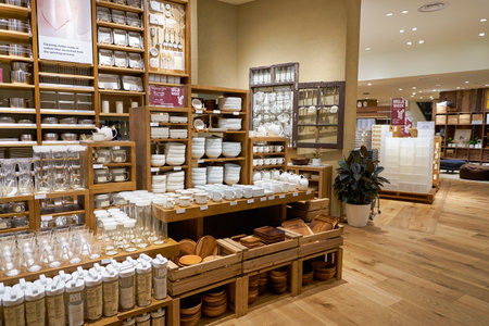 SINGAPORE - CIRCA APRIL, 2019: interior shot of Muji store in Jewel Changi Airport. Muji is a Japanese retail company which sells a wide variety of household and consumer goods.のeditorial素材