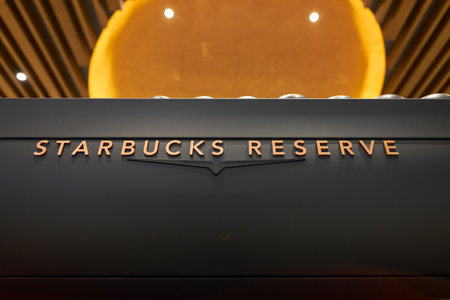 SINGAPORE - CIRCA APRIL, 2019: close up shot of VA388 Black Eagle Espresso Machine in Starbucks flagship store at Jewel Changi airport.のeditorial素材